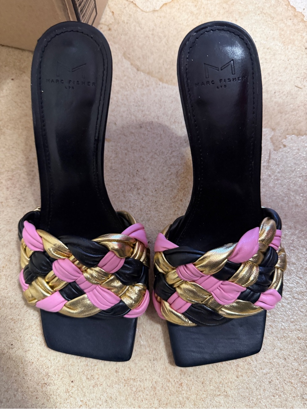 Marc Fisher Black High Heel Sandal with Pink and Gold Braided Straps